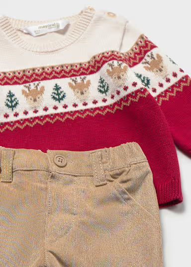 COORDINATO MAGLIONCINO RENNA E PANTALONE A COSTINE IN VELLUTO ROSSO/BEIGE