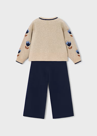 COORDINATO IN LANETTA MAGLIONCINO BEIGE FIORI AZZURRI E PANTALONE BLU