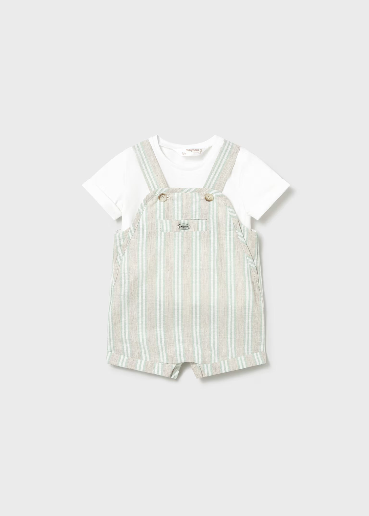 Completo salopette righe e maglietta neonato Mayoral - Verde salvia/Beige