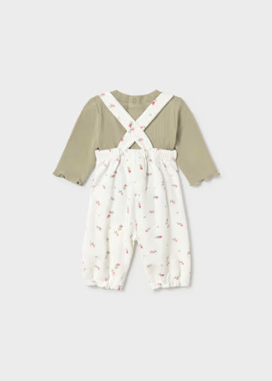 COORDINATO SHIRT COSTINE VERDE SALVIA E SALOPETTE FIORELLINI