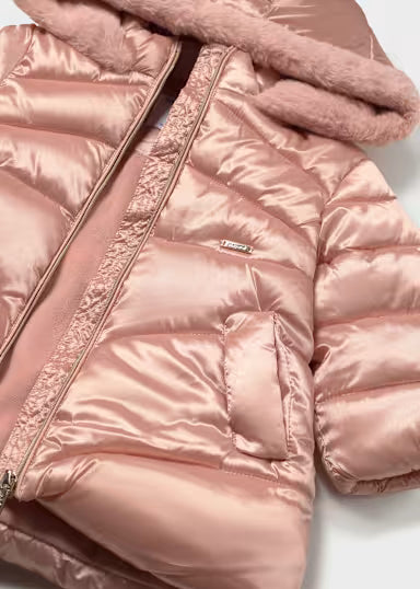 PIUMINO LUNGO IMBOTTITO ROSA CON CAPPUCCIO BORDO PELLICCIA