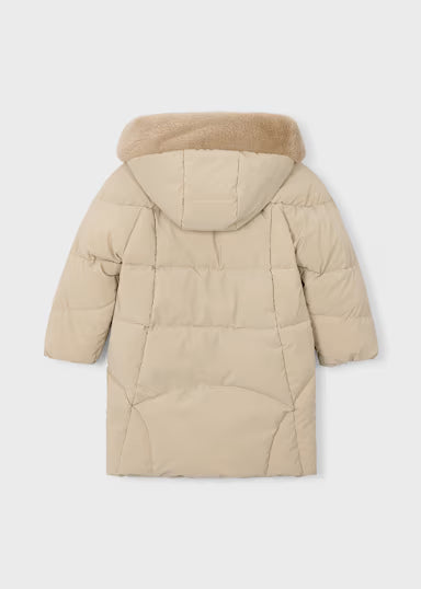 PIUMINO LUNGO IMBOTTITO CON CAPPUCCIO  PELLICCIA BEIGE