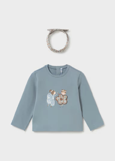 SHIRT AZZURRA FIORE QUADRI CON FASCIA CAPELLI
