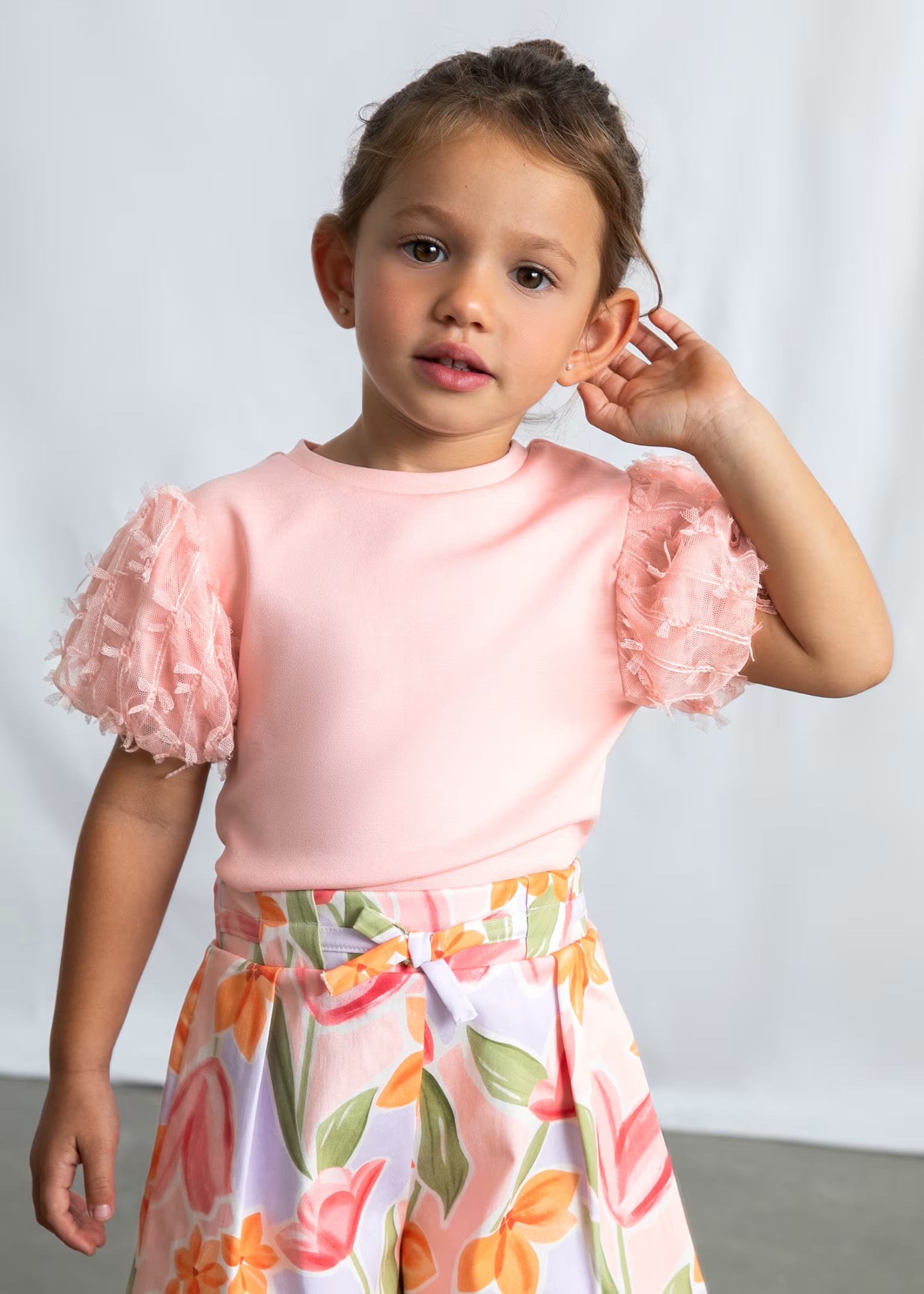 T-Shirt Mayoral tinta unita e maniche a sbuffo in Tulle - Rosa
