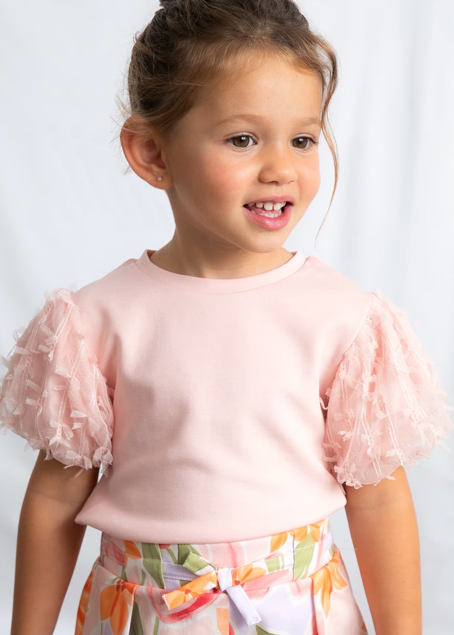 T-Shirt Mayoral tinta unita e maniche a sbuffo in Tulle - Rosa