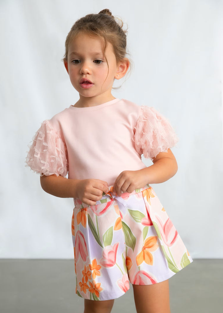 T-Shirt Mayoral tinta unita e maniche a sbuffo in Tulle - Rosa
