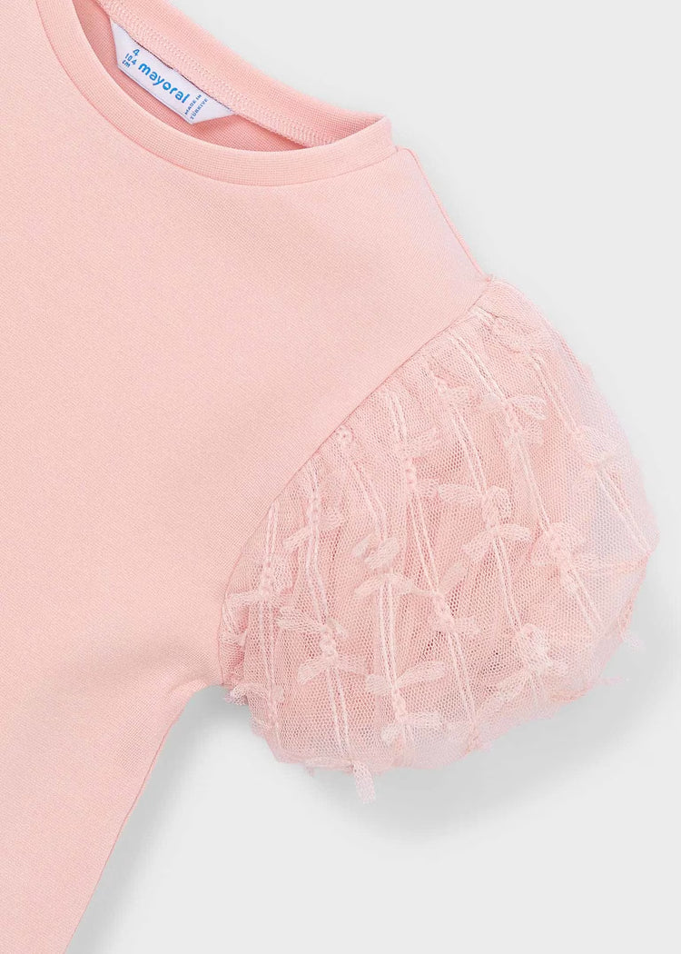 T-Shirt Mayoral tinta unita e maniche a sbuffo in Tulle - Rosa