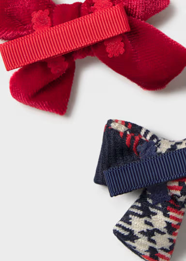 COPPIA FIOCCHI CAPELLI IN VELLUTO ROSSO/SCOZZESE