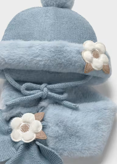 COORDINATO CAPPELLO FIORI CON COLLO PELLICCIA AZZURRO