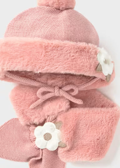 COORDINATO CAPPELLO FIORI CON COLLO PELLICCIA ROSA CIPRIA