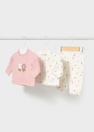 COORDINATO IN FELPA 3PZ PANNA/ROSA FANTASIA FIORELLINI