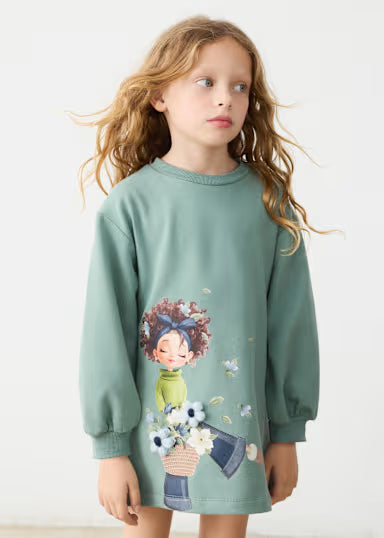 ABITINO IN FELPA VERDE FANTASIA BAMBINA CON CESTINO FIORI