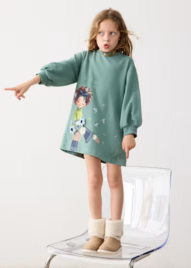 ABITINO IN FELPA VERDE FANTASIA BAMBINA CON CESTINO FIORI