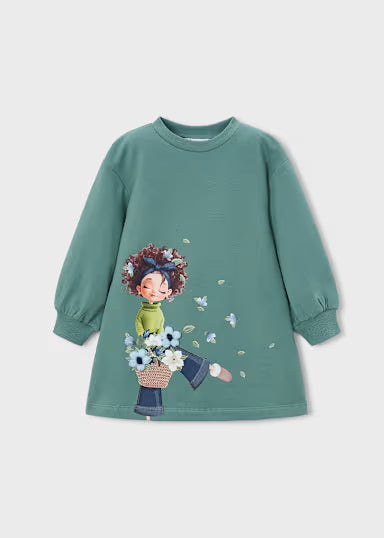 ABITINO IN FELPA VERDE FANTASIA BAMBINA CON CESTINO FIORI
