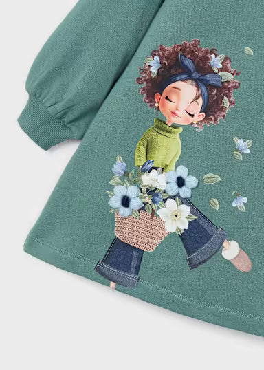 ABITINO IN FELPA VERDE FANTASIA BAMBINA CON CESTINO FIORI